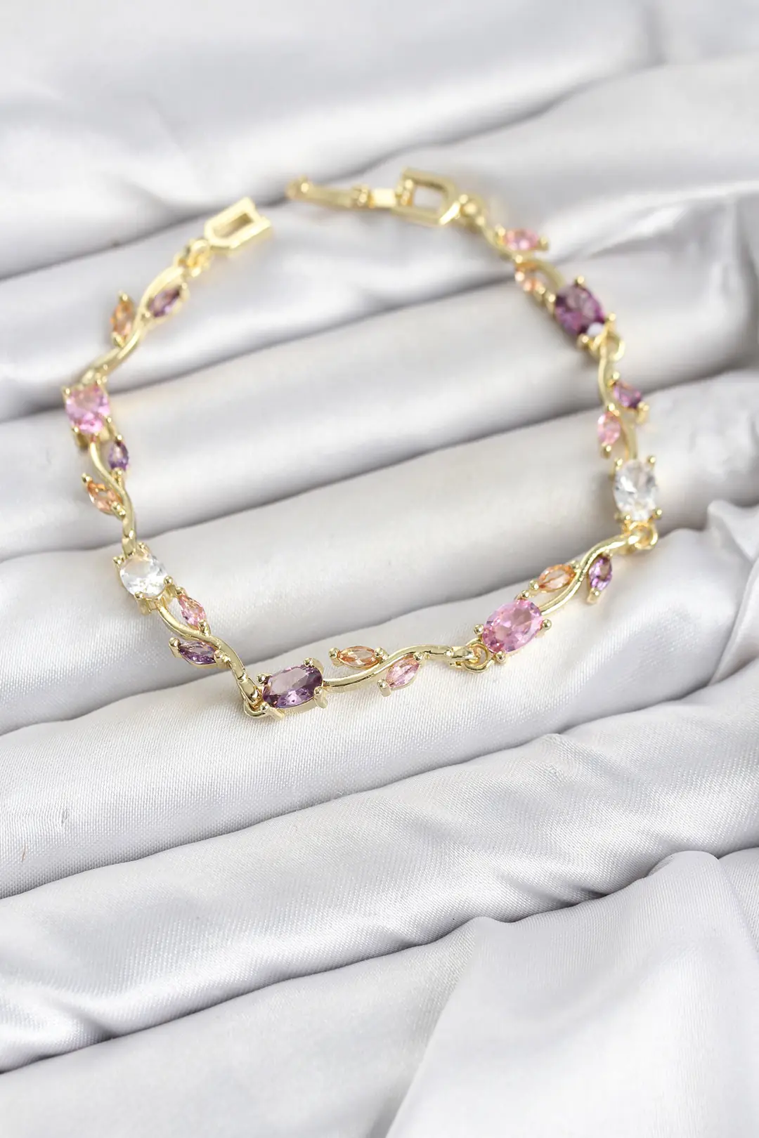 Utterly Good Gold Kaplama Bileklik Pembe Mor Zirkon Taşlı Çiçek Model
