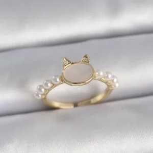 Utterly Good Gold Renk Kedi Model Ayarlanabilir İnci Detaylı Kadın Yüzük