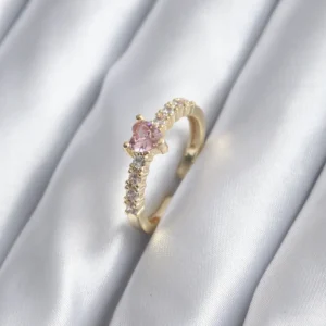 Utterly Good Gold Renk Zirkon Taşlı Pembe Kristal Kalp Model Kadın Yüzük