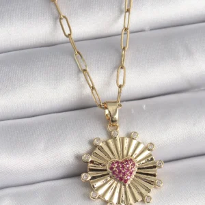 Utterly Good Kadın Kolye 316L Çelik Gold Kalp Madalyon Pembe Zirkon Taşlı