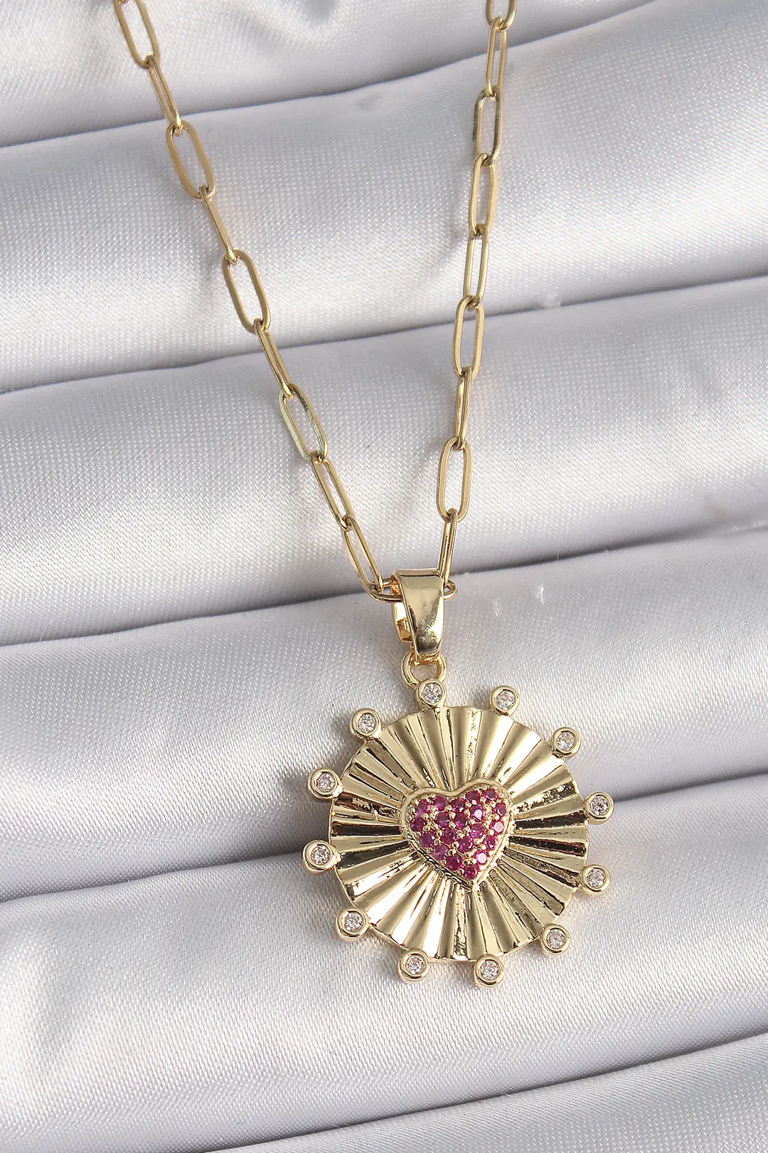 Utterly Good Kadın Kolye 316L Çelik Gold Kalp Madalyon Pembe Zirkon Taşlı