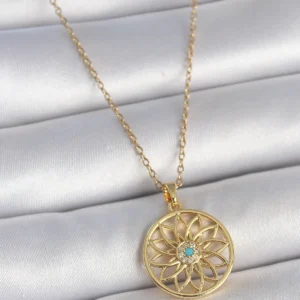 Utterly Good Kadın Kolye 316L Çelik Gold Lotus Model Mavi Zirkon Taşlı
