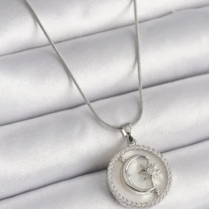 Utterly Good Kadın Kolye 316L Çelik Gümüş Sedef Ay Yıldız Zirkon Taşlı