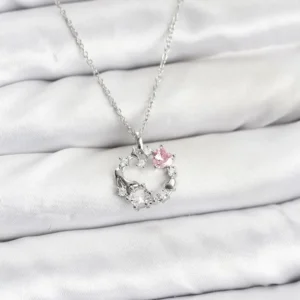 Utterly Good Kadın Kolye 316L Çelik Gümüş Çelenk Model Pembe Zirkon Taşlı