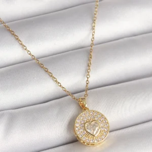 Utterly Good Kadın Kolye 316L Çelik Zirkon Taşlı Kalp Madalyon Gold