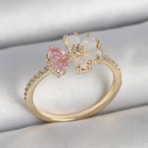Utterly Good Kadın Yüzük Gold Renk Beyaz Mineli Pembe Zirkon Taşlı Çiçek Model