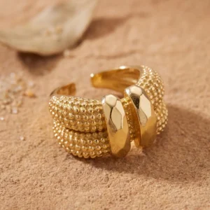 Utterly Good Kadın Yüzük Granül Dokulu Çift Sıra Ayarlanabilir Gold Renk