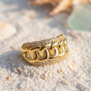 Utterly Good Kadın Yüzük Çift Sıra Zirkon Taşlı Örgü Zincir Model Gold Renk