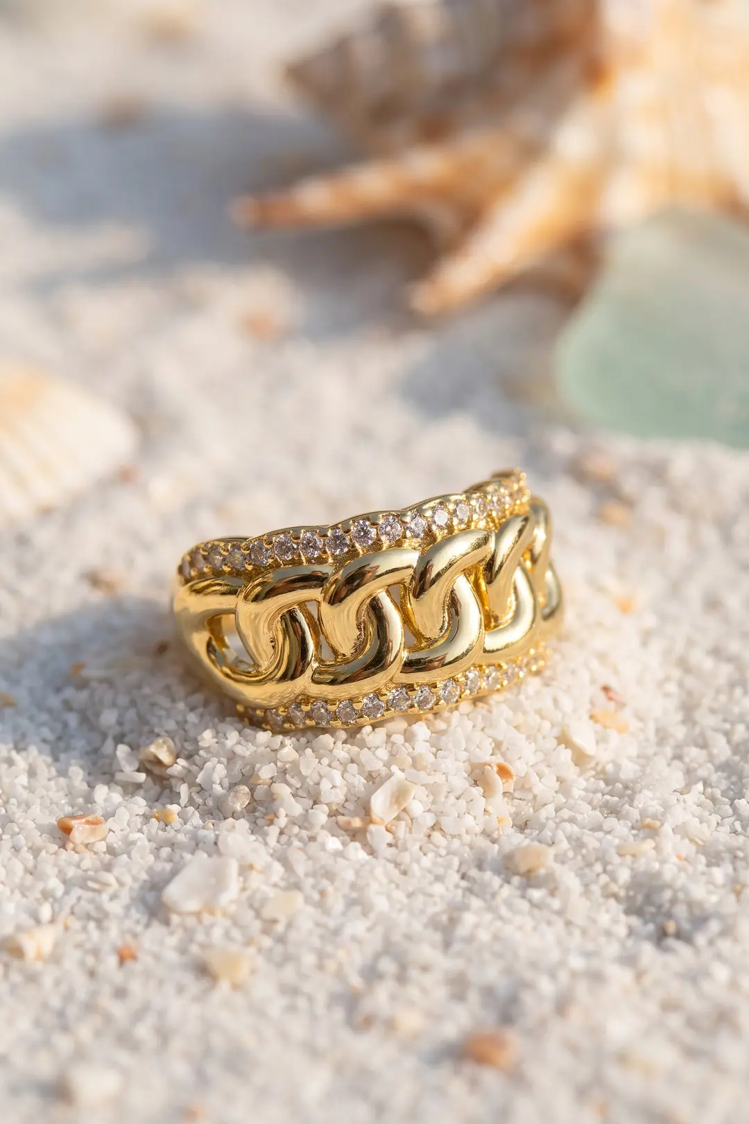 Utterly Good Kadın Yüzük Çift Sıra Zirkon Taşlı Örgü Zincir Model Gold Renk