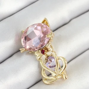 Utterly Good Kedi Figürlü Broş Pembe Zirkon Taşlı Gold Renk