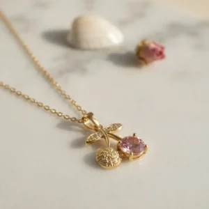 Utterly Good Çelik Zincir Kolye Gold Pembe Kiraz Figürlü Zirkon Taşlı