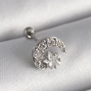 Utterly Good 316L Çelik Ay Yıldız Tragus Piercing Zirkon Taşlı Gümüş