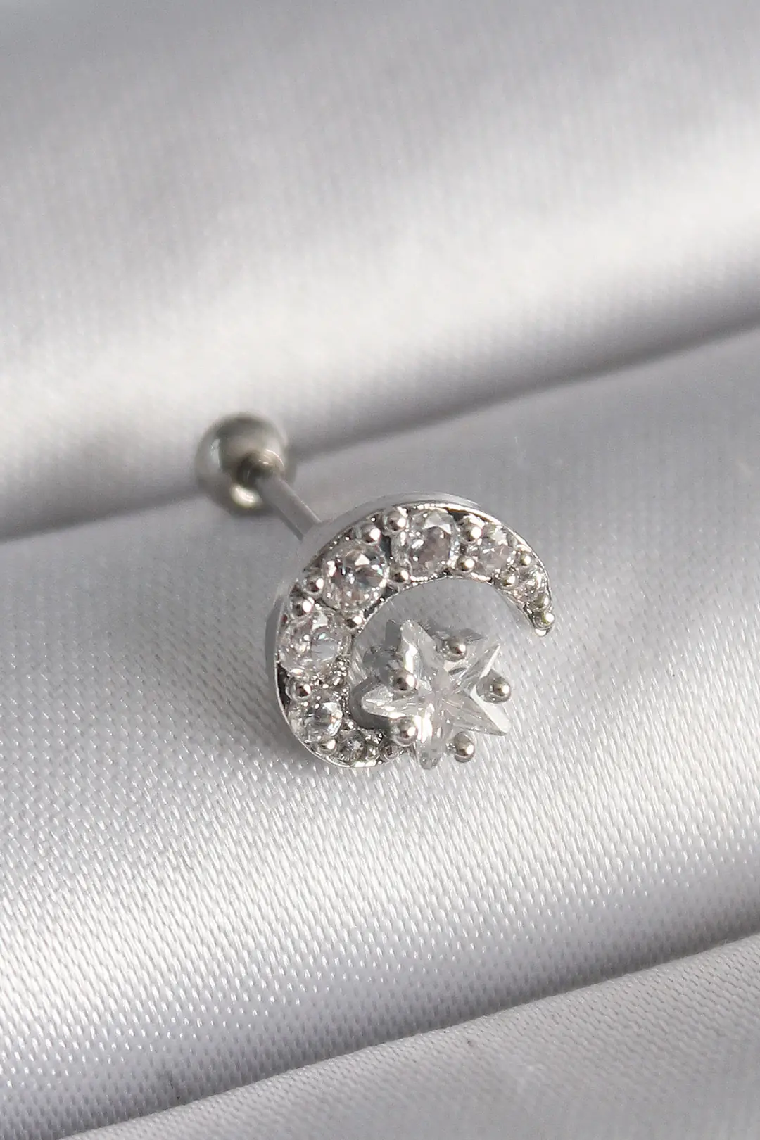 Utterly Good 316L Çelik Ay Yıldız Tragus Piercing Zirkon Taşlı Gümüş
