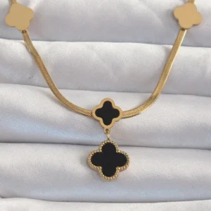 Utterly Good 316L Çelik Gold Kaplama İtalyan Zincir Mineli Yonca Kolye