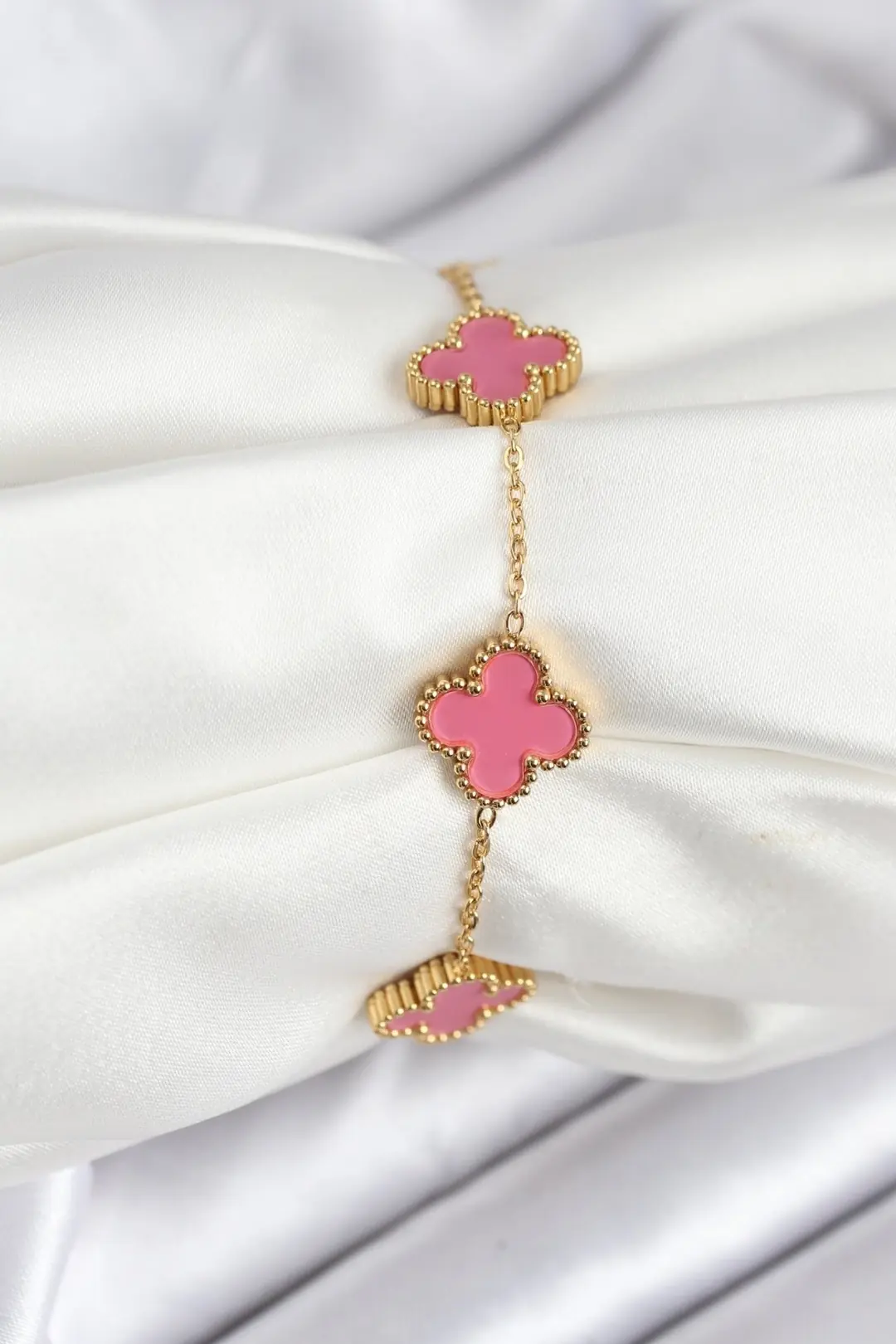 Utterly Good 316L Çelik Gold Zincir Pembe Yonca Bileklik