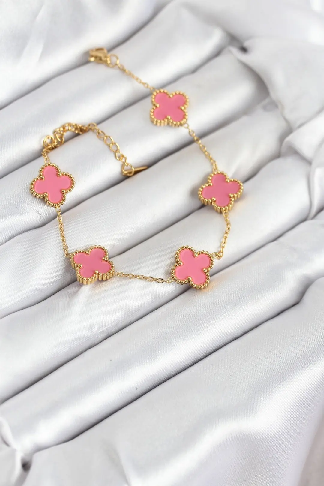 Utterly Good 316L Çelik Gold Zincir Pembe Yonca Bileklik