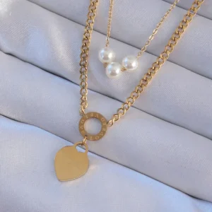 Utterly Good 316L Çelik Gold Çift Zincir İnci Detaylı Love Kalp Kolye