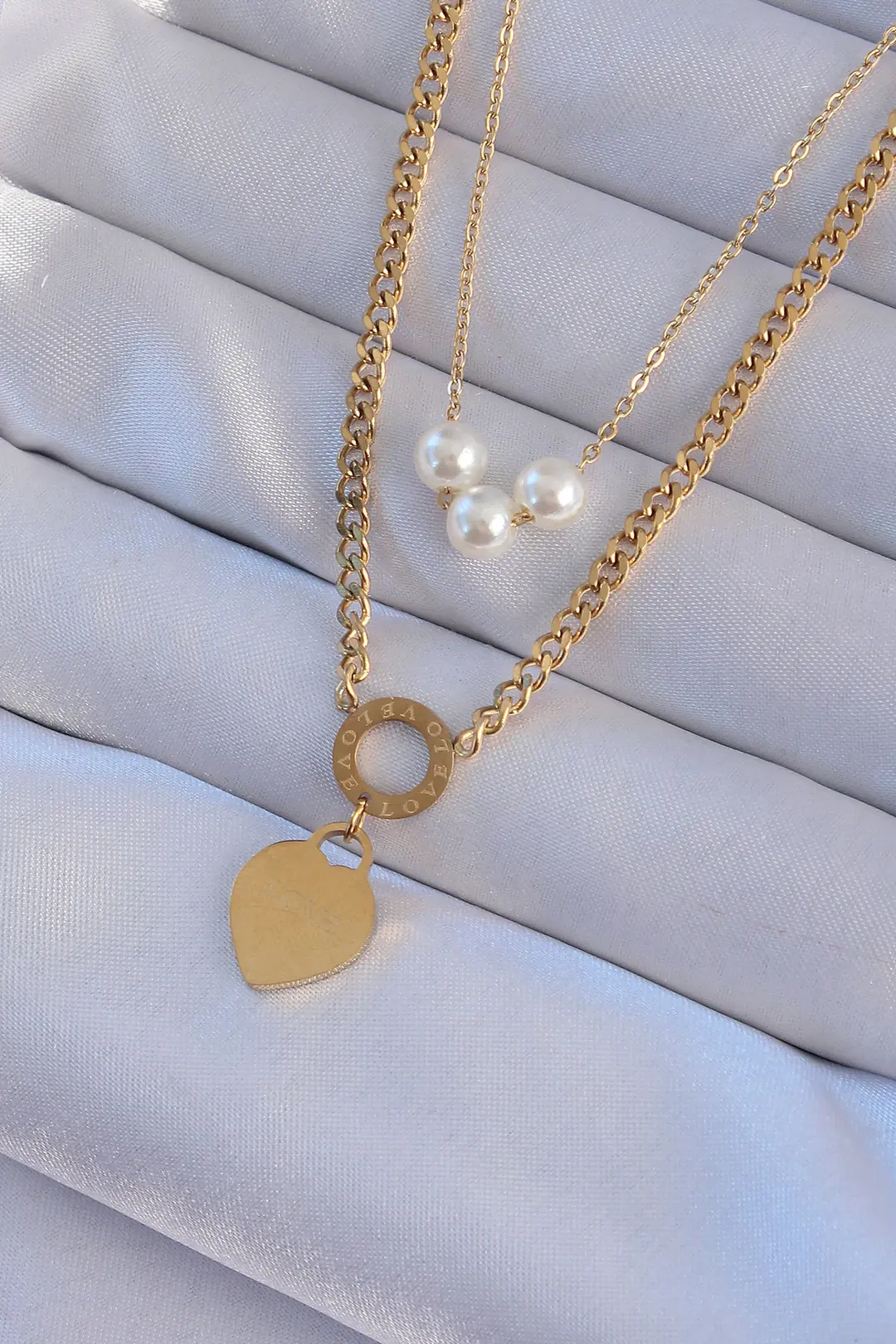 Utterly Good 316L Çelik Gold Çift Zincir İnci Detaylı Love Kalp Kolye