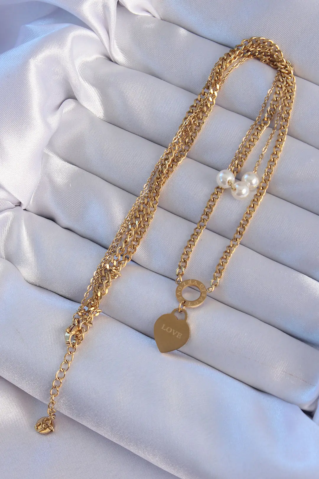 Utterly Good 316L Çelik Gold Çift Zincir İnci Detaylı Love Kalp Kolye