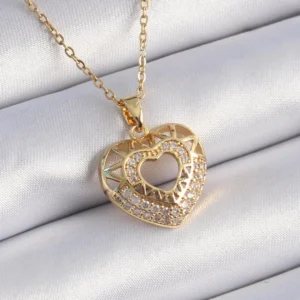 Utterly Good 316L Çelik Kalp Kolye Gold Renk Zirkon Taşlı Vintage Tasarım