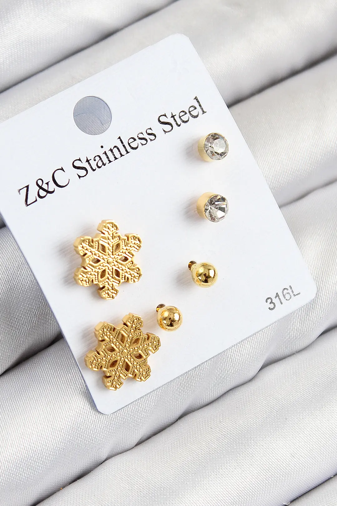 Utterly Good 316L Çelik Kar Tanesi Model Zirkon Taşlı Gold Küpe Set