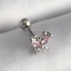 Utterly Good 316L Çelik Kelebek Tragus Piercing Pembe Zirkon Taşlı Gümüş Renk
