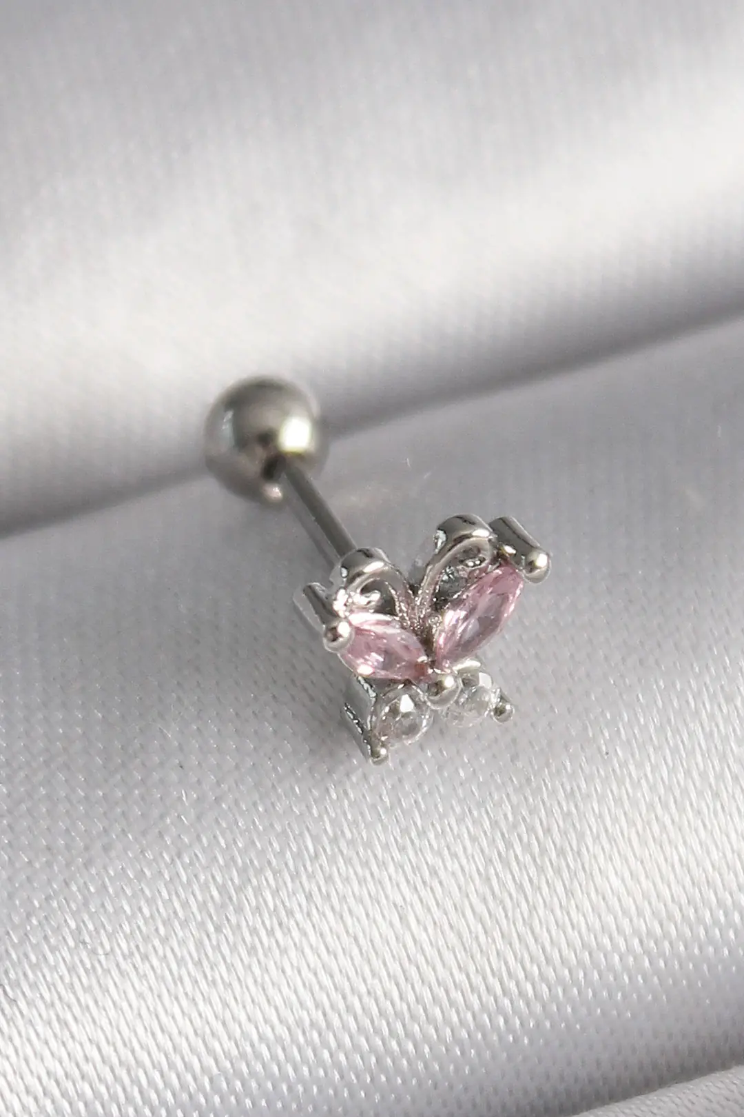 Utterly Good 316L Çelik Kelebek Tragus Piercing Pembe Zirkon Taşlı Gümüş Renk