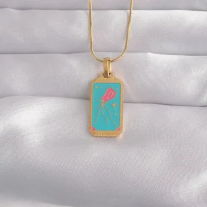 Utterly Good 316L Çelik Kolye Gold Renk Mavi Mineli Tarot Tasarım