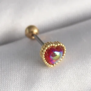 Utterly Good 316L Çelik Tragus Piercing Gold Kırmızı Mineli Kalp Detay