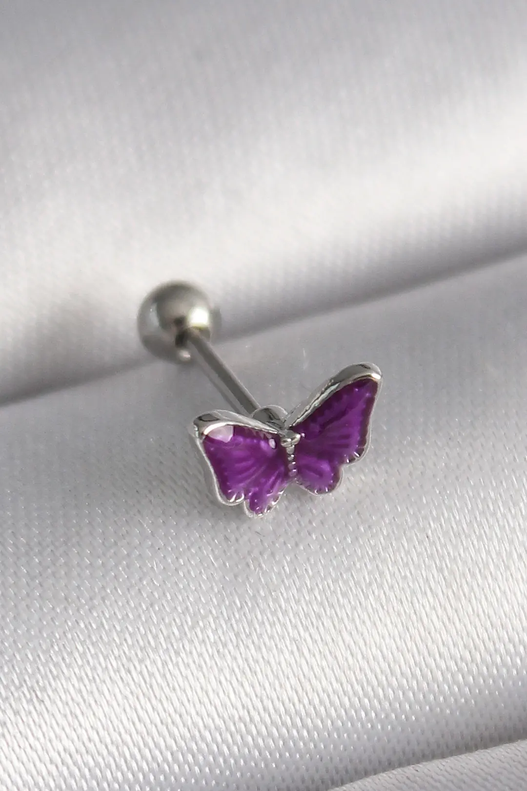 Utterly Good 316L Çelik Tragus Piercing Gümüş Mor Kelebek Model