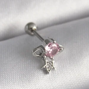 Utterly Good 316L Çelik Tragus Piercing Pembe Zirkon Sallantılı Yıldız Detay