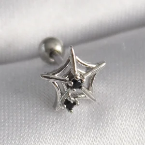 Utterly Good 316L Çelik Tragus Piercing Örümcek Ağ Model Siyah Zirkon Taşlı