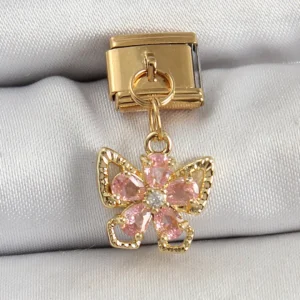Utterly Good 316L Çelik Zirkon Taşlı Kelebek Çiçek Figürlü Sallantılı Gold Charm