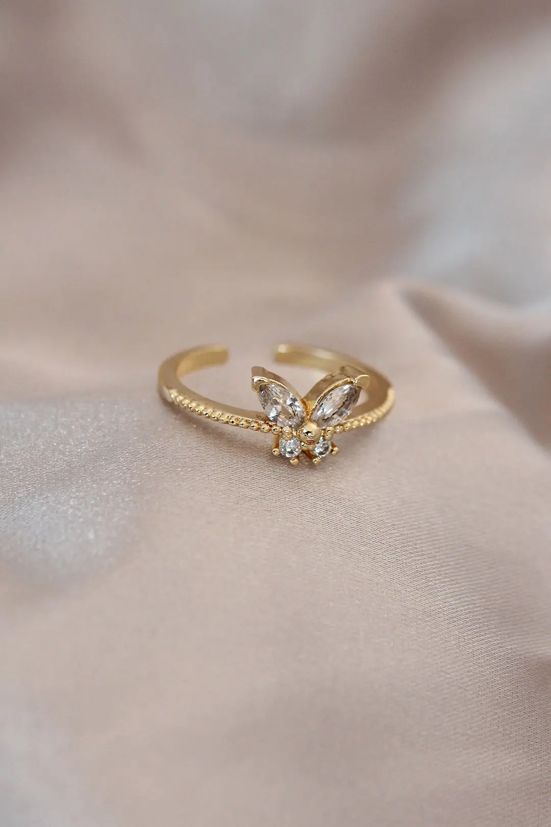 Utterly Good Ayarlanabilir Kelebek Yüzük Gold Zirkon ve Kristal Taşlı