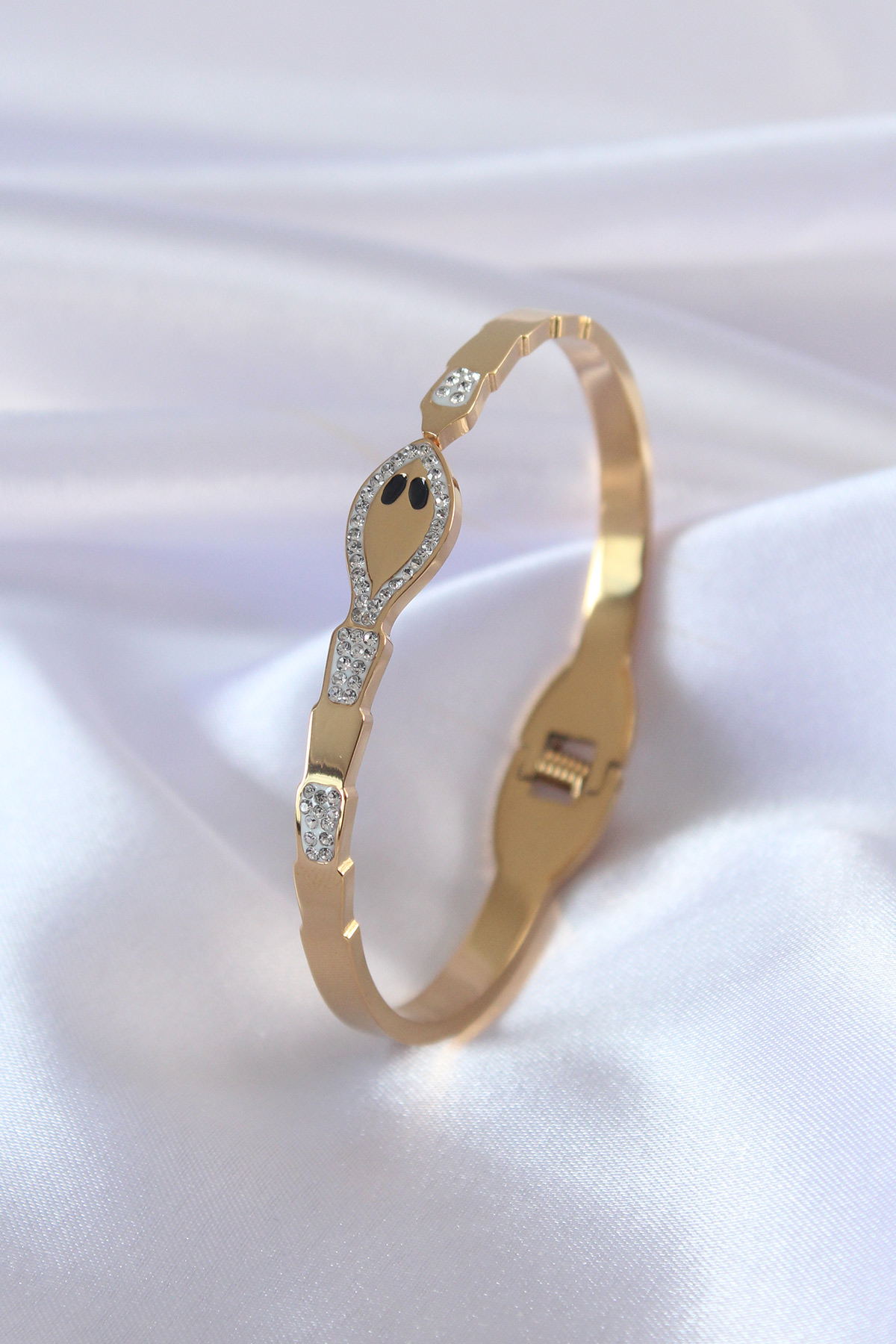 316L Çelik Yılan Model Gold Kelepçe Zirkon Taş Detaylı Bileklik