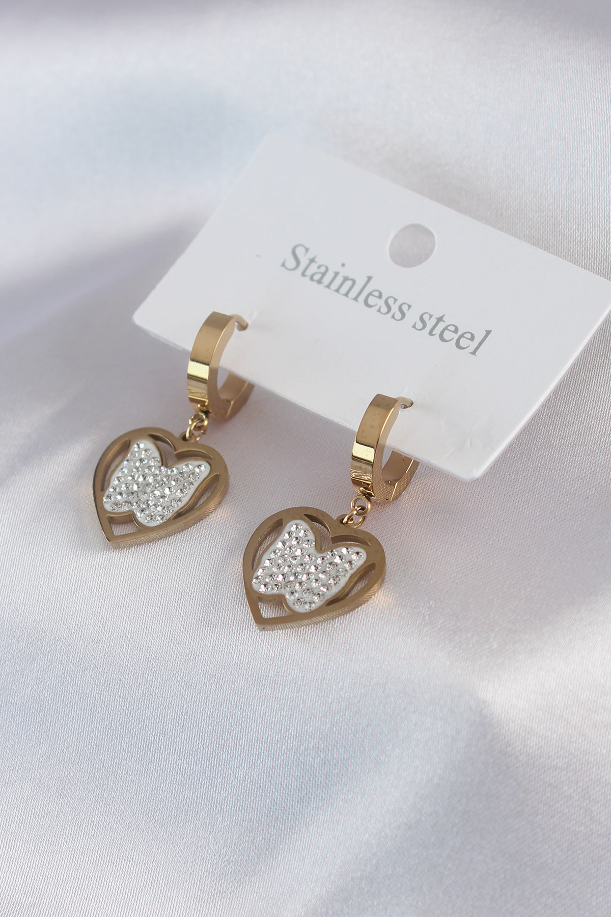 Kelebek Model Küpe 316L Çelik Gold Zirkon Taşlı Kadın