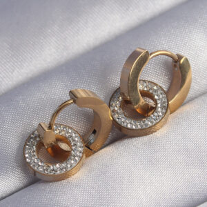 Küpe 316L Çelik Gold Zirkon Taşlı İç İçe Geçmeli Oval Tasarım