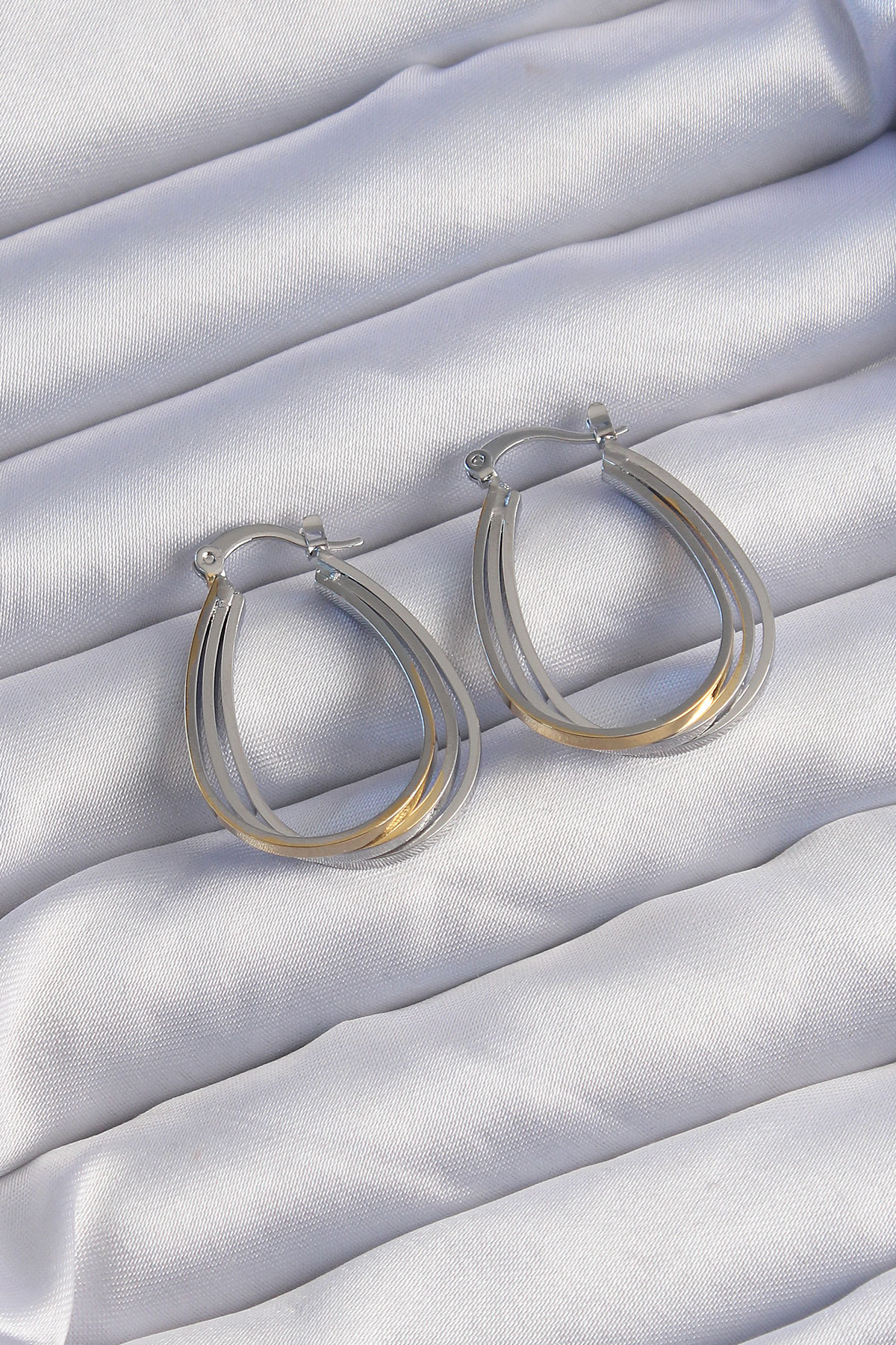 Pirinç Küpe Oval Katmanlı Gold Gümüş Renk