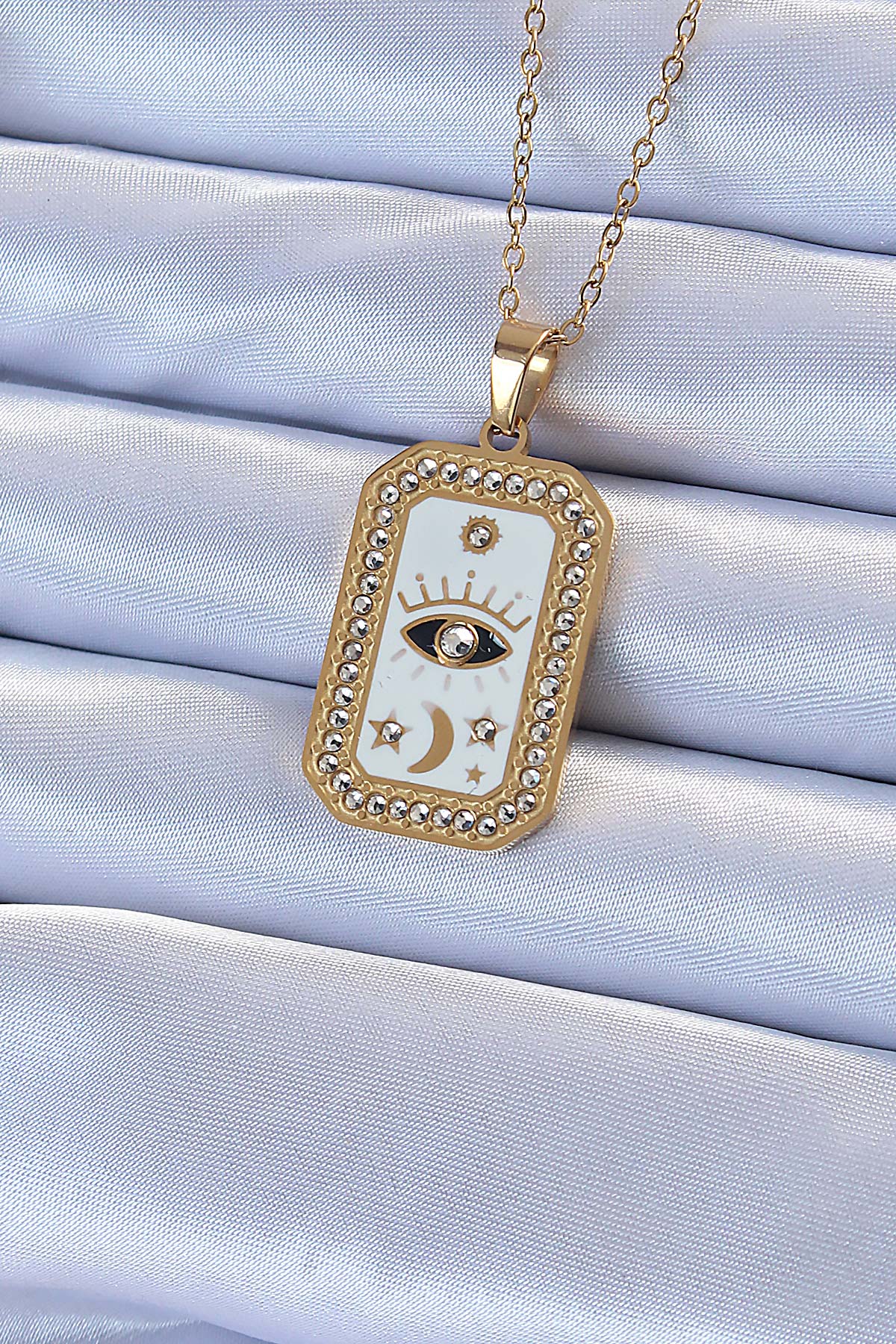 Çelik Kolye Gold Mineli Zirkon Taşlı Göz Figür Tarot