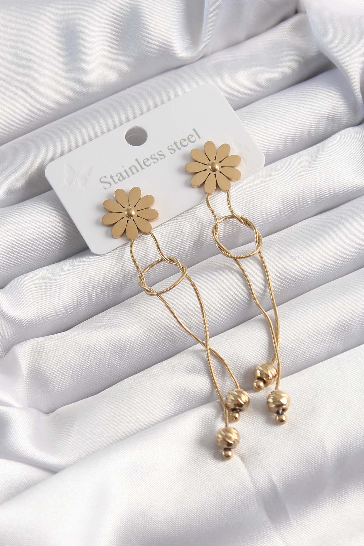 Çelik Gold Sallantılı Papatya Düğüm Küpe - Görsel 2