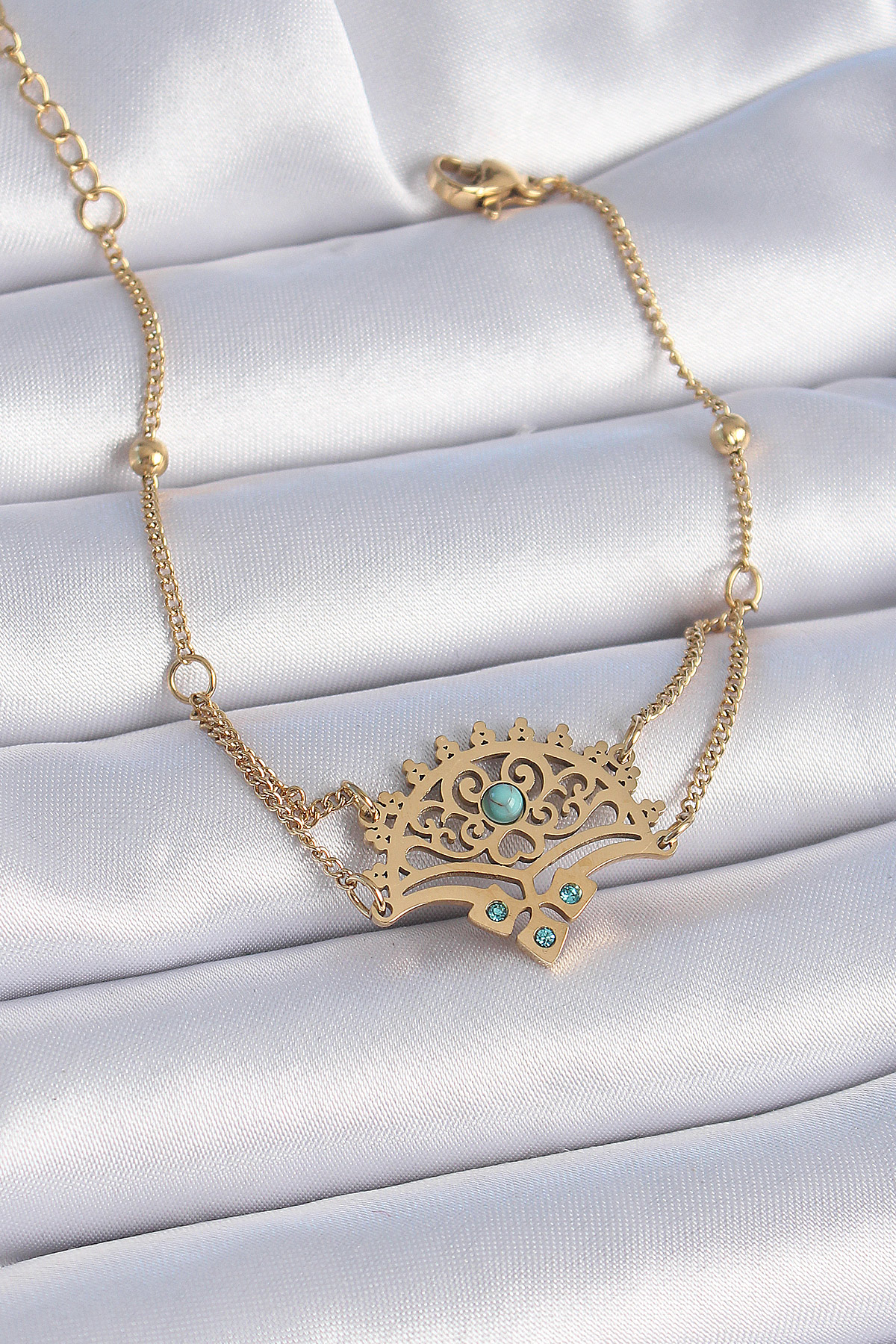 316L Çelik Bileklik Gold Kaplama Mavi Zirkon Taşlı Etnik Desen