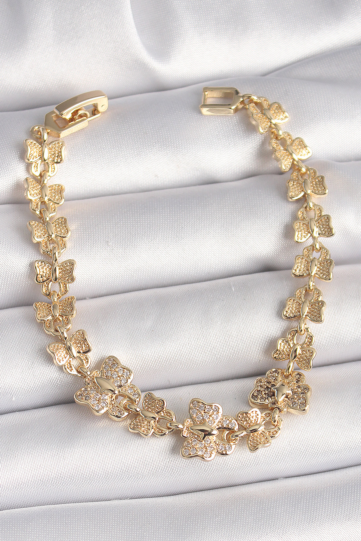Kelebek Model Zirkon Taşlı Zincir Kadın Bileklik Gold Renk Pirinç