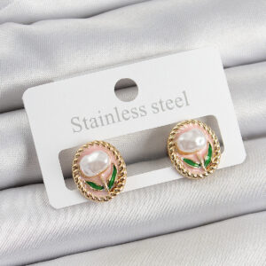 Pirinç Küpe Pembe Mineli Lale Figürlü Gold Renk Kadın
