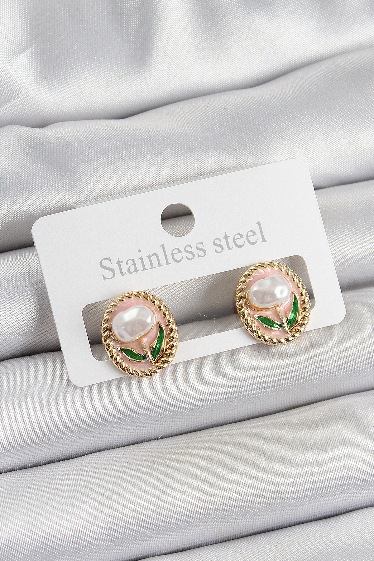 Pirinç Küpe Pembe Mineli Lale Figürlü Gold Renk Kadın