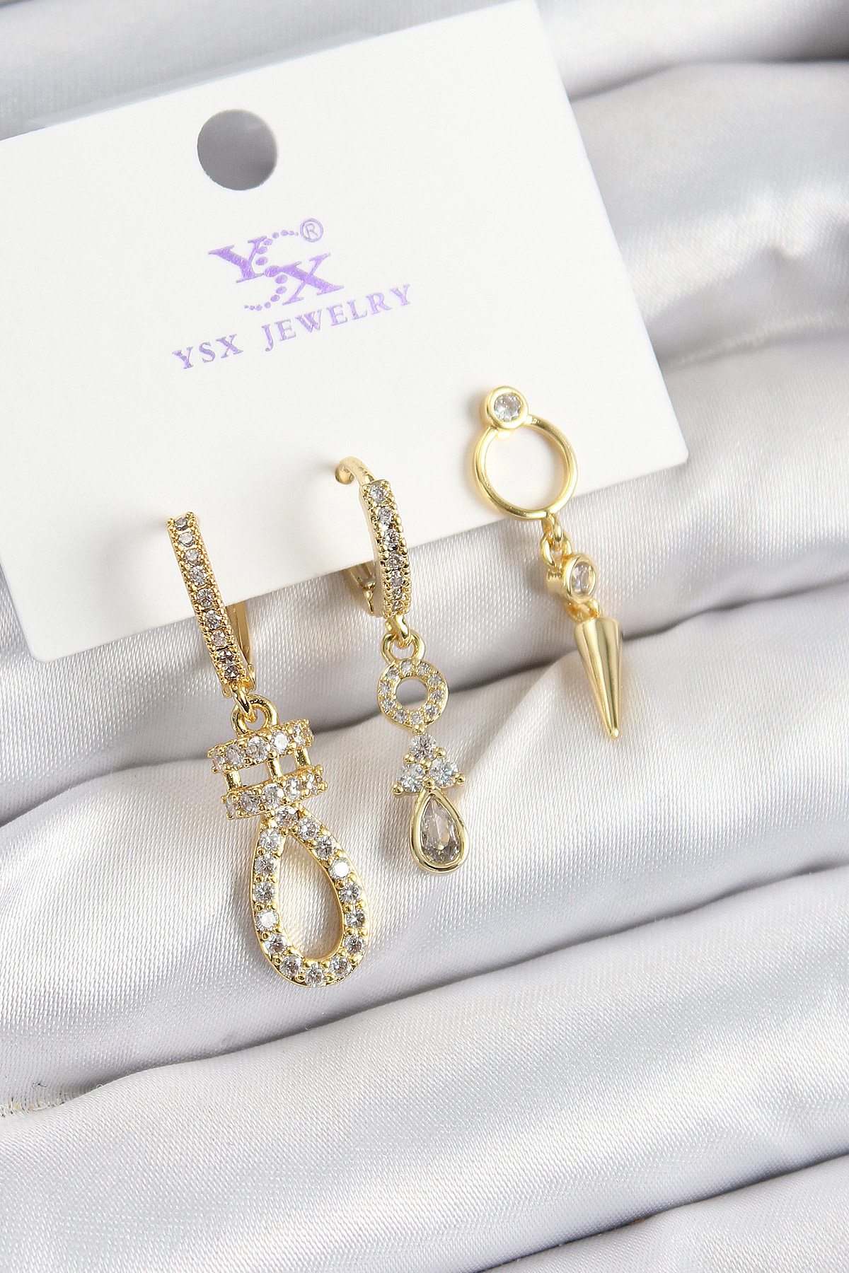 Zirkon Taşlı Sallantılı Küpe Gold Renk 3'lü Set