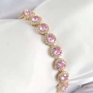 Pembe Zirkon Taşlı Gold Renk Bileklik Daire Baget Model