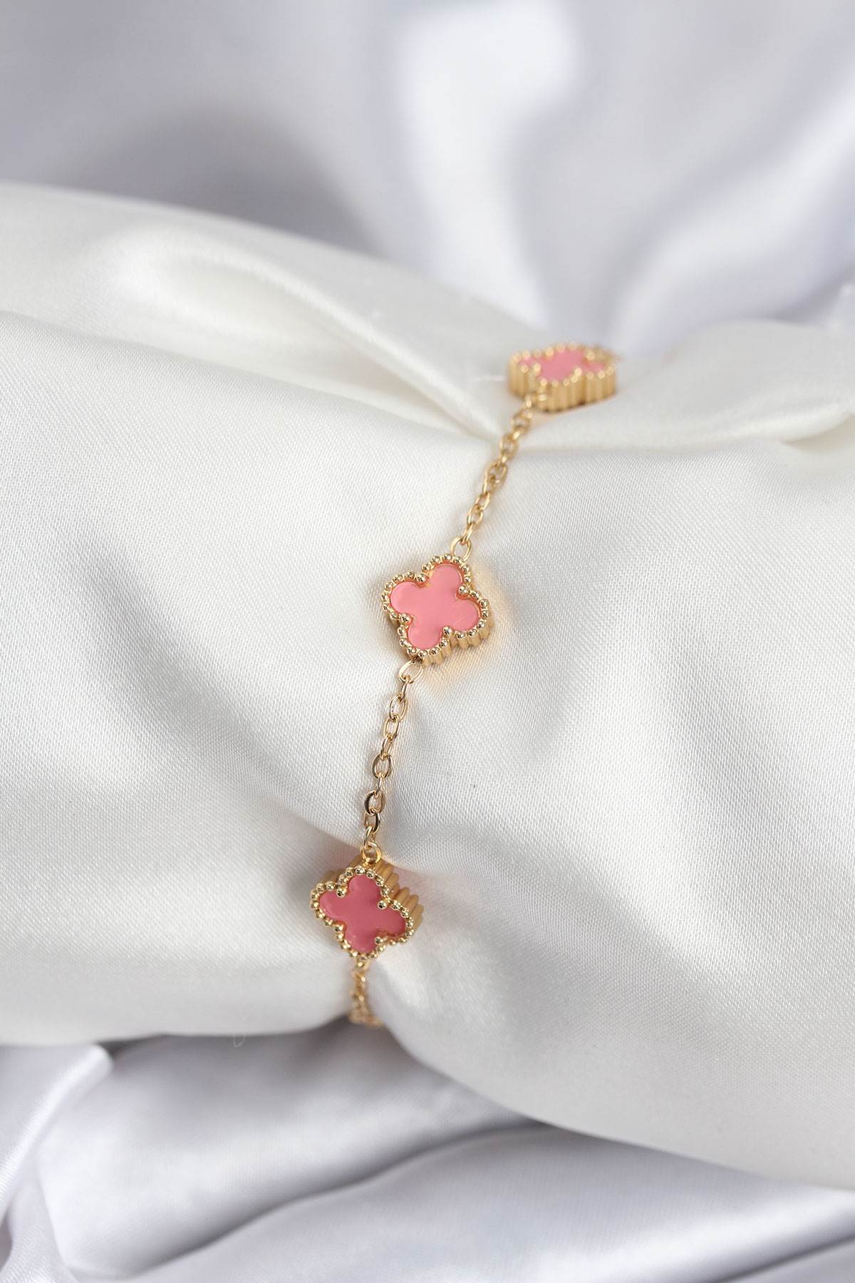 Çelik Bileklik Gold Pembe Yonca Figürlü Kadın Bileklik