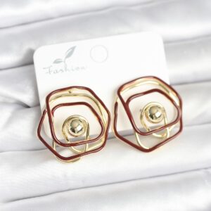 Kadın Küpe Gold Kaplama Bordo Mineli Geometrik Gül Model