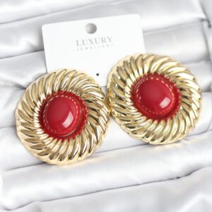 Vintage Küpe Altın Kaplama Bordo Boncuk Kristal Taş Detay