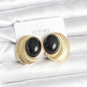 Pirinç Gold Kaplama Siyah Boncuklu Oval Vintage Kadın Küpe